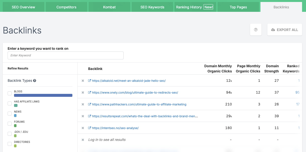 The Backlinks report tab in SpyFu.