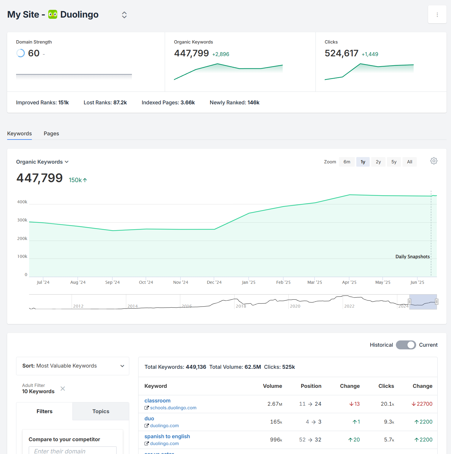 SpyFu's My Sites dashboard showing the SEO performance report of Duolingo.