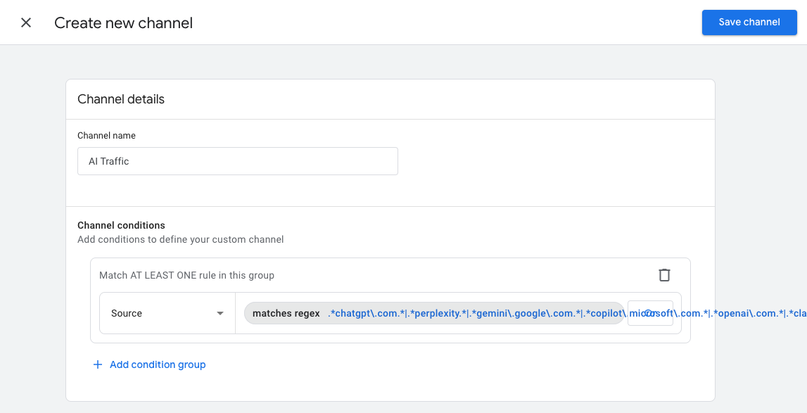 The Create new channel section in Google Analytics.
